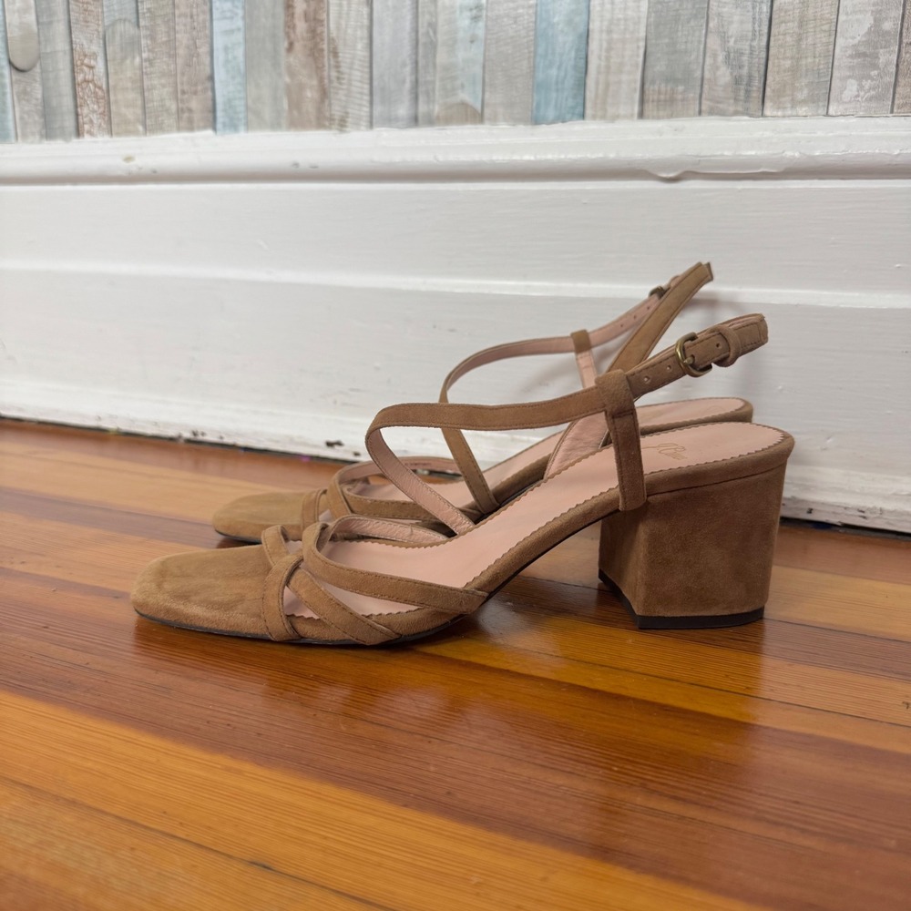 J Crew 8 Odette Strappy Sandals Tan Suede Leather Block Heel Shoes Caramel Brown
